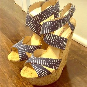 Blue & White Strappy Cork Wedges
